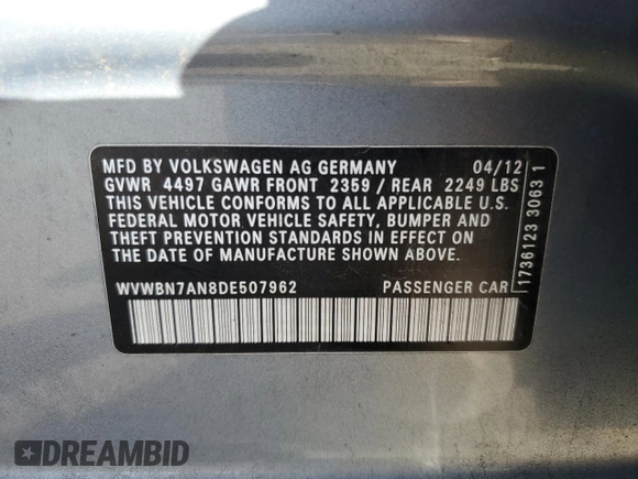 2013 Volkswagen CC Sport z VIN WVWBN7AN8DE507962, wystawiony jako Copart lot #85047474 z przebiegiem 226 916 mil mil oraz Szkoda całkowita • Salvage title. Historia ofert i sprzedaży dostępna na DreamBid. Obrazek 12.