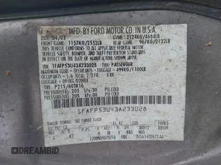2003 Ford Taurus SE Standard with VIN 1FAFP53U43A233028, listed as a IAAI auction lot 42624211 with 65,364 mi miles and . Bid and sale history available at DreamBid. Image 9.
