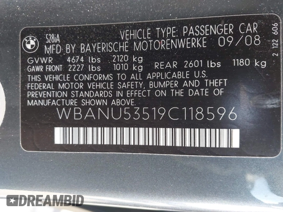 2009 BMW 5 Series 528i with VIN WBANU53519C118596, listed as a IAAI auction lot 41482725 with 130,975 mi miles and . Bid and sale history available at carsss.com. Image 9.