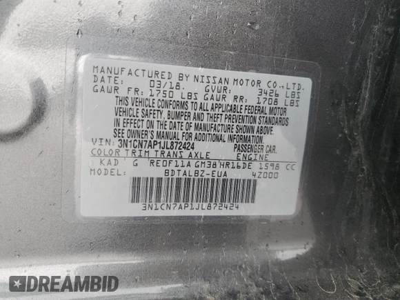 2018 Nissan Versa Sedan SV with VIN 3N1CN7AP1JL872424, listed as a Copart auction lot 51468345 with 200,793 mi miles and Salvage Title. Bid and sale history available at carsss.com. Image 14.