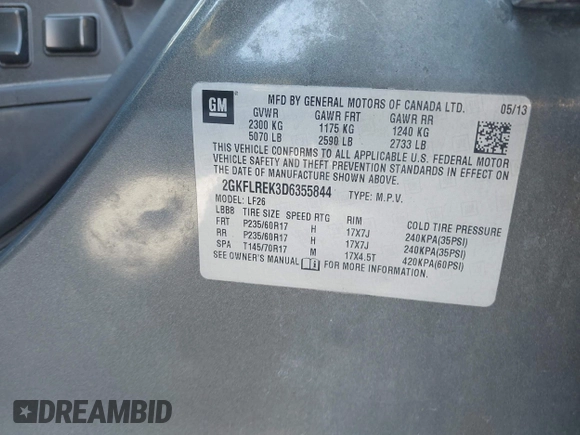 2013 GMC Terrain SLE with VIN 2GKFLREK3D6355844, listed as a IAAI auction lot 42801450 with 145,518 mi miles and . Bid and sale history available at DreamBid. Image 9.