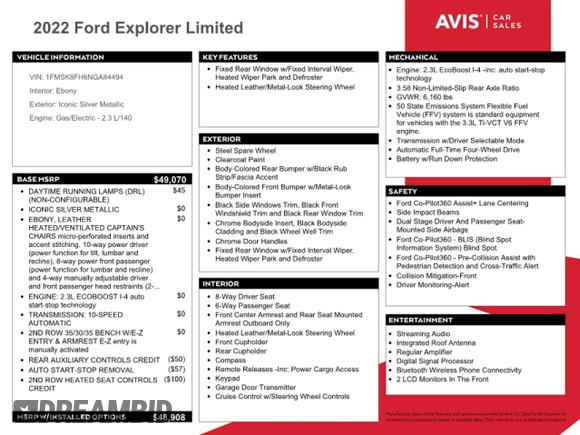 2022 Ford Explorer Limited с VIN 1FMSK8FH6NGA84494, выставлен на аукционе Copart как лот 45892445 с пробегом 69 127 миль миль и Чистый • Clean title. История ставок и продаж доступна на DreamBid. Изображение 12.