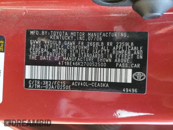 2007 Toyota Camry CE with VIN 4T1BE46K27U052500, listed as a Copart auction lot 48598435 with 217,873 mi miles and Salvage Title. Bid and sale history available at DreamBid. Image 12.
