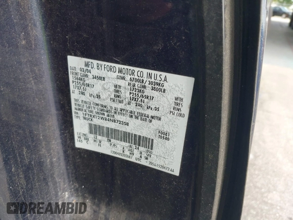2004 Ford F-150 STX with VIN 1FTRX12W84NB72358, listed as a IAAI auction lot 41963143 with Not provided miles and . Bid and sale history available at DreamBid. Image 9.