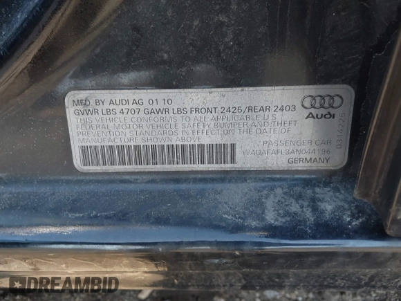 2010 Audi A4 2.0T Premium with VIN WAUAFAFL3AN044196, listed as a IAAI auction lot 41802119 with 101,253 mi miles. Bid and sale history available at carsss.com. Image 9.
