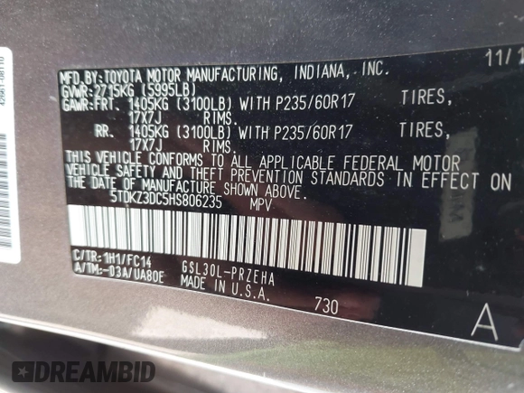 2017 Toyota Sienna LE Auto Access Seat with VIN 5TDKZ3DC5HS806235, listed as a IAAI auction lot 42667828 with 223,996 mi miles and . Bid and sale history available at DreamBid. Image 9.