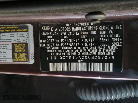 2012 Kia Sorento LX with VIN 5XYKTDA20CG297079, listed as a Copart auction lot 46606615 with 222,377 mi miles and Salvage Title. Bid and sale history available at carsss.com. Image 13.