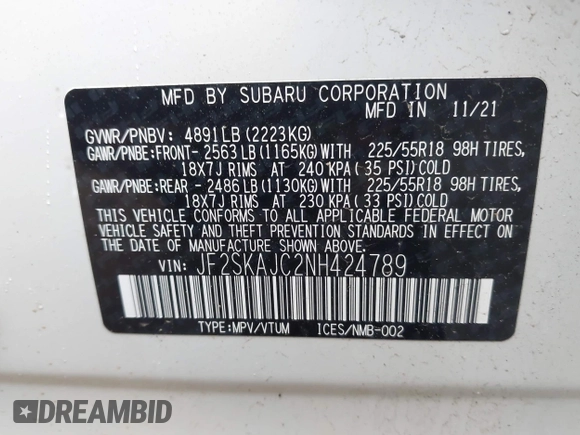 2022 Subaru Forester Special Sports with VIN JF2SKAJC2NH424789, listed as a IAAI auction lot 42322411 with 36,095 mi miles and . Bid and sale history available at DreamBid. Image 9.