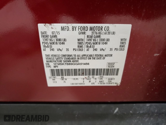 2016 Ford Explorer с VIN 1FM5K7B89GGA51456, выставлен на аукционе Copart как лот 58952635 с пробегом 111 893 миль миль и Списание • Salvage title. История ставок и продаж доступна на DreamBid. Изображение 13.