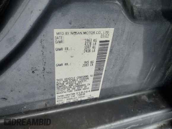 2022 Nissan Altima 2.5 S with VIN 1N4BL4BV2NN358264, listed as a Copart auction lot 45163295 with 69,846 mi miles and Non Repairable. Bid and sale history available at carsss.com. Image 12.