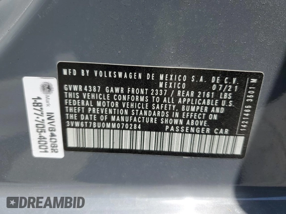 2021 Volkswagen Jetta S with VIN 3VW6T7BU0MM070284, listed as a Copart auction lot 61161395 with 30,933 mi miles and Salvage title. Bid and sale history available at DreamBid. Image 12.