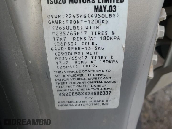2003 Isuzu Axiom with VIN 4S2CE58XX34602337, listed as a Copart auction lot 79656734 with 0 mi miles and Salvage Title. Bid and sale history available at carsss.com. Image 14.