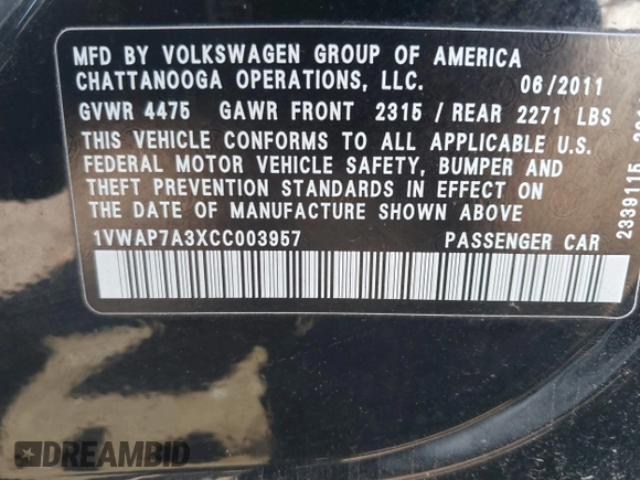 2012 Volkswagen Passat S с VIN 1VWAP7A3XCC003957, выставлен на аукционе IAAI как лот 42416235 с пробегом 126 078 миль миль и . История ставок и продаж доступна на DreamBid. Изображение 9.