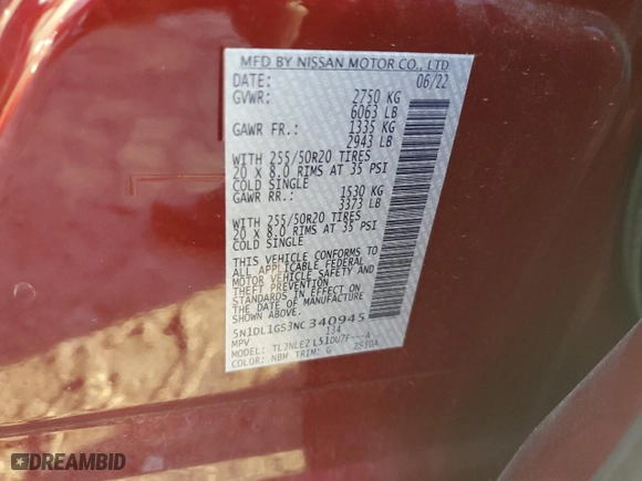 2022 Infiniti QX60 SENSORY with VIN 5N1DL1GS3NC340945, listed as a Copart auction lot 84921684 with 47,622 mi miles and Salvage Title. Bid and sale history available at carsss.com. Image 13.