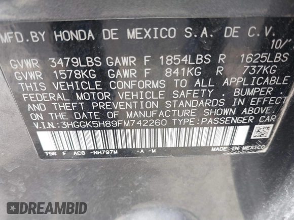 2015 Honda Fit EX-L with VIN 3HGGK5H89FM742260, listed as a IAAI auction lot 41707676 with 97,543 mi miles. Bid and sale history available at carsss.com. Image 9.