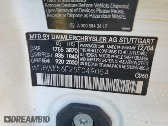 2005 Mercedes-Benz SLK-Class with VIN WDBWK56F25F049054, listed as a Copart auction lot 74803384 with Not Provided miles and Salvage Title. Bid and sale history available at carsss.com. Image 13.