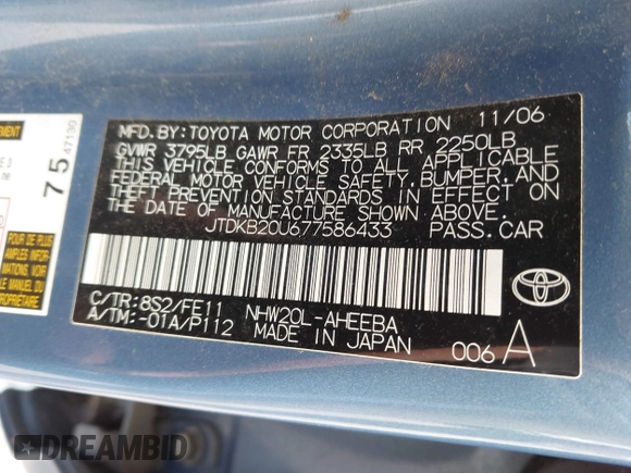 2007 Toyota Prius with VIN JTDKB20U677586433, listed as a IAAI auction lot 42163815 with 105,343 mi miles and . Bid and sale history available at DreamBid. Image 9.