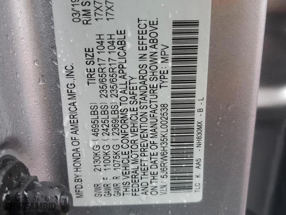 2019 Honda CR-V LX with VIN 5J6RW6H35KL002538, listed as a Copart auction lot 47050615 with 0 mi miles and Salvage Title. Bid and sale history available at carsss.com. Image 14.