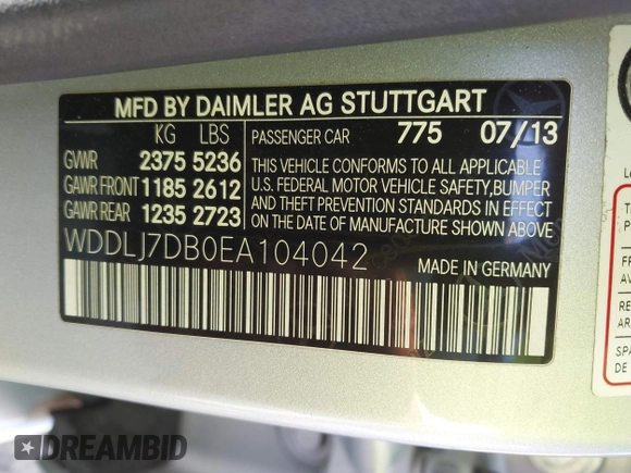 2014 Mercedes-Benz CLS 550 with VIN WDDLJ7DB0EA104042, listed as a IAAI auction lot 42643727 with 96,841 mi miles and . Bid and sale history available at DreamBid. Image 9.
