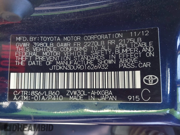2013 Toyota Prius One with VIN JTDKN3DU9D1626932, listed as a IAAI auction lot 42148583 with 48,444 mi miles and . Bid and sale history available at DreamBid. Image 9.