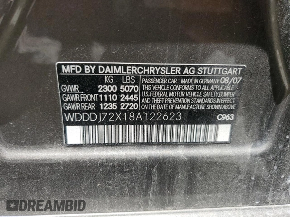 2008 Mercedes-Benz CLS-Class 5.5L with VIN WDDDJ72X18A122623, listed as a Copart auction lot 57078084 with 0 mi miles and Non Repairable. Bid and sale history available at carsss.com. Image 12.