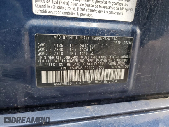 2011 Subaru Legacy Limited Power Moon with VIN 4S3BMBL62B3217009, listed as a Copart auction lot 46629705 with 89,273 mi miles and Salvage title. Bid and sale history available at DreamBid. Image 13.