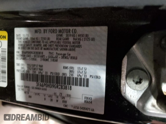 2016 Ford Fusion SE with VIN 3FA6P0HD9GR283818, listed as a Copart auction lot 53578175 with 134,868 mi miles and Salvage title. Bid and sale history available at DreamBid. Image 12.