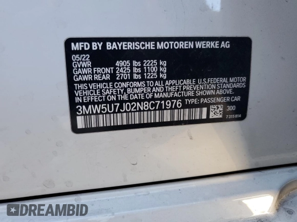 2022 BMW 3 Series M340i with VIN 3MW5U7J02N8C71976, listed as a Copart auction lot 48223325 with 41,579 mi miles and Salvage Title. Bid and sale history available at carsss.com. Image 12.