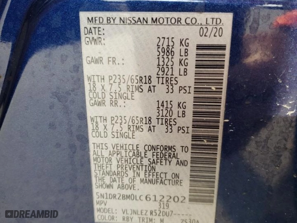 2020 Nissan Pathfinder SV with VIN 5N1DR2BM0LC612202, listed as a Copart auction lot 46878805 with 109,430 mi miles and Salvage Title. Bid and sale history available at carsss.com. Image 13.