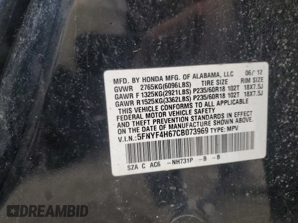 2012 Honda Pilot EX-L with VIN 5FNYF4H67CB073969, listed as a Copart auction lot 51132225 with 254,792 mi miles and Clean title. Bid and sale history available at DreamBid. Image 13.