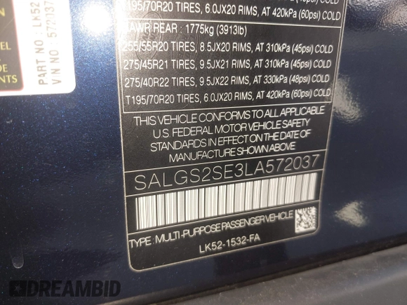 2020 Land Rover Range Rover P525 HSE with VIN SALGS2SE3LA572037, listed as a IAAI auction lot 41722629 with 35,710 mi miles and . Bid and sale history available at DreamBid. Image 9.