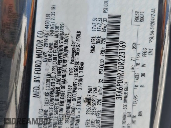 2013 Ford Fusion SE z VIN 3FA6P0HR7DR223169, wystawiony jako Copart lot #62751605 z przebiegiem 186 678 mil mil oraz Czysty tytuł • Clean title. Historia ofert i sprzedaży dostępna na DreamBid. Obrazek 12.