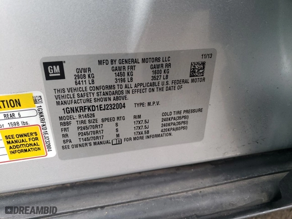 2014 Chevrolet Traverse LS with VIN 1GNKRFKD1EJ232004, listed as a Copart auction lot 48046725 with 122,871 mi miles and Salvage Title. Bid and sale history available at carsss.com. Image 15.