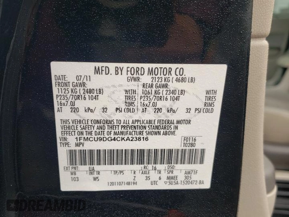 2012 Ford Escape XLT z VIN 1FMCU9DG4CKA23816, wystawiony jako Copart lot #61084425 z przebiegiem Nie podano mil oraz Szkoda całkowita • Salvage title. Historia ofert i sprzedaży dostępna na DreamBid. Obrazek 13.