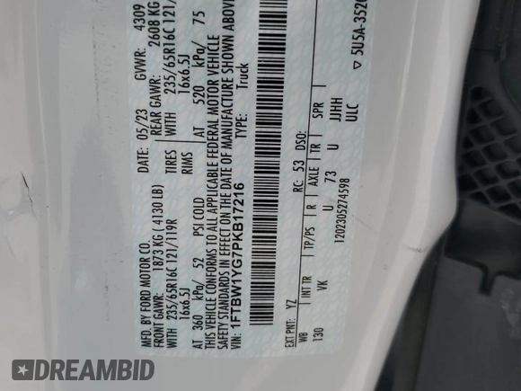 2023 Ford Transit with VIN 1FTBW1YG7PKB17216, listed as a Copart auction lot 65905434 with Not Provided miles and Salvage Title. Bid and sale history available at DreamBid. Image 12.