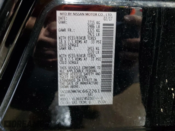2017 Nissan Pathfinder SV with VIN 5N1DR2MM7HC662261, listed as a Copart auction lot 61438525 with 159,864 mi miles and Salvage title. Bid and sale history available at DreamBid. Image 13.