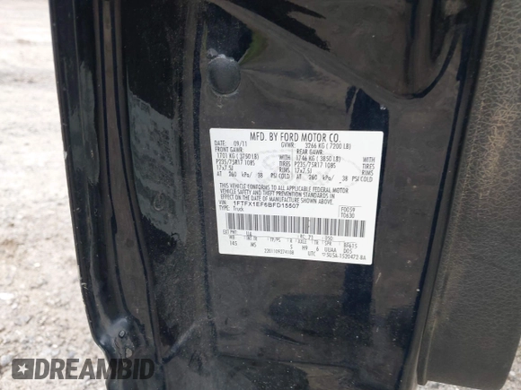 2011 Ford F-150 XL with VIN 1FTFX1EF6BFD15507, listed as a IAAI auction lot 42435935 with 272,391 mi miles and . Bid and sale history available at DreamBid. Image 9.