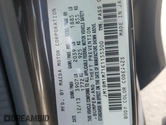 2014 Mazda 3 i Grand Touring with VIN JM1BM1M71E1155300, listed as a Copart auction lot 85097934 with 110,275 mi miles and Salvage Title. Bid and sale history available at DreamBid. Image 12.