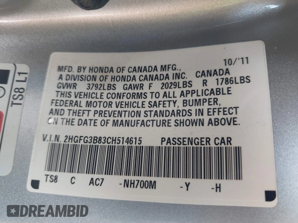 2012 Honda Civic Cpe EX with VIN 2HGFG3B83CH514615, listed as a IAAI auction lot 40324098 with 106,077 mi miles. Bid and sale history available at carsss.com. Image 9.