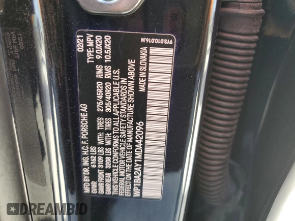 2021 Porsche Cayenne with VIN WP1BA2AY1MDA42096, listed as a Copart auction lot 77336504 with Not provided miles and Non repairable. Bid and sale history available at DreamBid. Image 13.