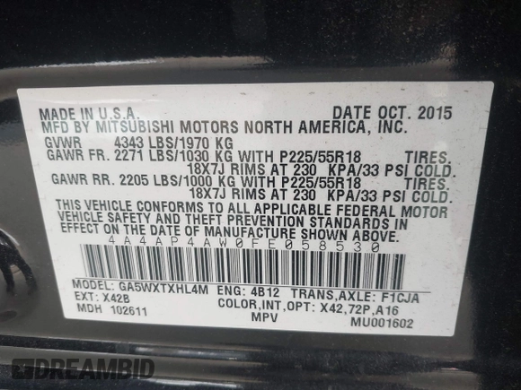 2015 Mitsubishi Outlander Sport 2.4 GT with VIN 4A4AP4AW0FE058530, listed as a IAAI auction lot 41554789 with 64,013 mi miles. Bid and sale history available at carsss.com. Image 9.