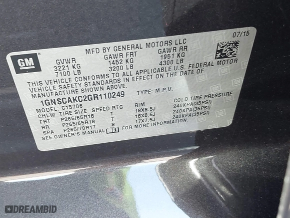 2016 Chevrolet Tahoe LS with VIN 1GNSCAKC2GR110249, listed as a IAAI auction lot 41583619 with 65,542 mi miles. Bid and sale history available at carsss.com. Image 9.