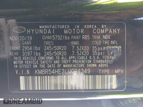 2020 Hyundai Palisade Limited z VIN KM8R54HE3LU094349, wystawiony jako IAAI lot #42266871 z przebiegiem 72 608 mil mil oraz . Historia ofert i sprzedaży dostępna na DreamBid. Obrazek 9.