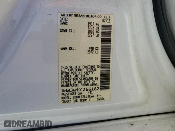 2016 Nissan Altima SL with VIN 1N4AL3AP1GC266182, listed as a Copart auction lot 54650135 with 118,493 mi miles and Salvage Title. Bid and sale history available at carsss.com. Image 12.