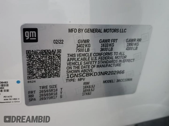 2022 Chevrolet Suburban LS with VIN 1GNSCBKD3NR202966, listed as a Copart auction lot 62021864 with 35,851 mi miles and Salvage Title. Bid and sale history available at DreamBid. Image 13.