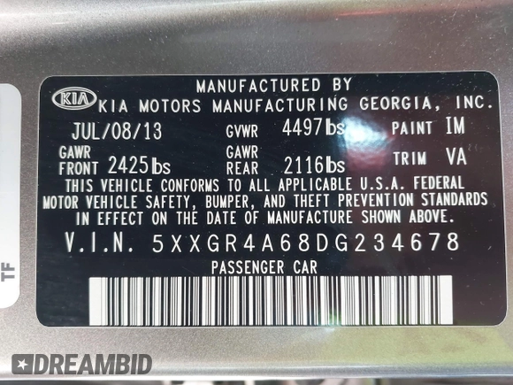 2013 Kia Optima SX with VIN 5XXGR4A68DG234678, listed as a IAAI auction lot 42539462 with 136,756 mi miles and . Bid and sale history available at DreamBid. Image 9.