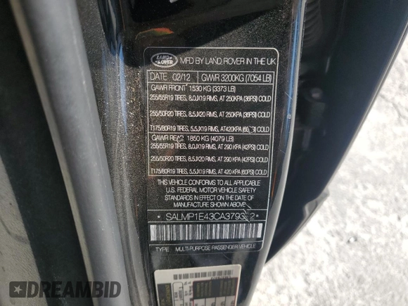 2012 Land Rover Range Rover SC Autobiography with VIN SALMP1E43CA379372, listed as a Copart auction lot 77528224 with 72,490 mi miles and Salvage title. Bid and sale history available at DreamBid. Image 14.