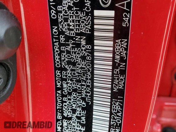 2019 Lexus UX 250h with VIN JTHU9JBH6K2018718, listed as a Copart auction lot 53734775 with 72,151 mi miles and Salvage title. Bid and sale history available at DreamBid. Image 13.