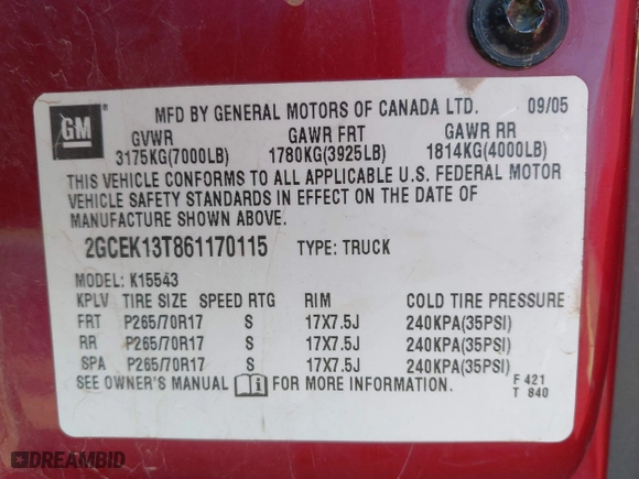 2006 Chevrolet Silverado 1500 LT1 with VIN 2GCEK13T861170115, listed as a IAAI auction lot 41852030 with 213,353 mi miles. Bid and sale history available at carsss.com. Image 9.