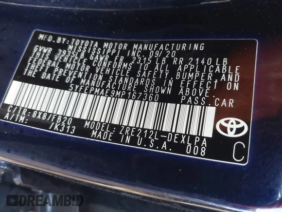 2021 Toyota Corolla LE with VIN 5YFEPMAE9MP167360, listed as a IAAI auction lot 41839769 with 53,573 mi miles and . Bid and sale history available at DreamBid. Image 9.